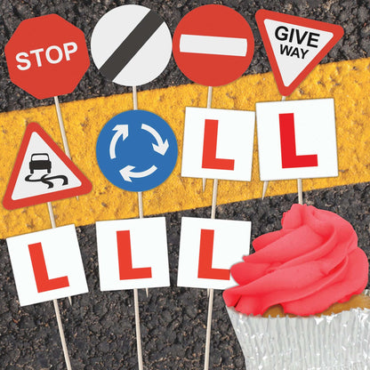 Learner Driver Cupcake Toppers featuring L plates and road signs on a dessert, ideal for celebrating new drivers.