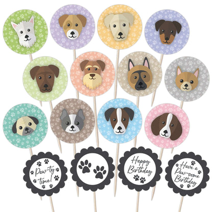 Cute Dogs Birthday Cupcake Toppers Set - 24pc - Cute Dog Faces & Paw-some Birthday Signs | Cupcake & Cake Decorations