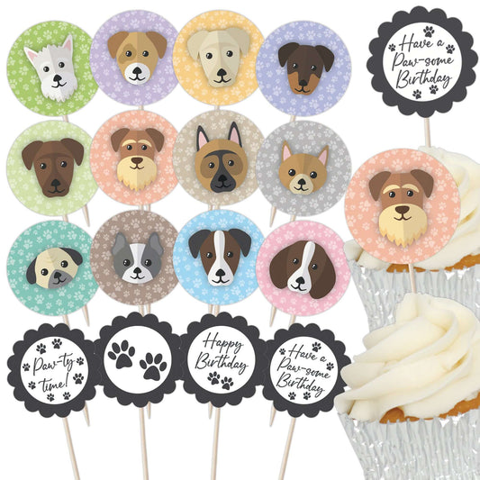 Cute Dogs Birthday Cupcake Toppers Set - 24pc - Cute Dog Faces & Paw-some Birthday Signs | Cupcake & Cake Decorations
