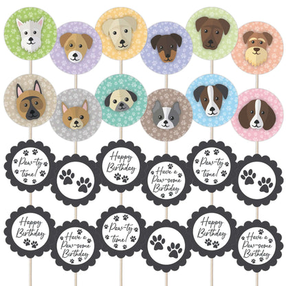 Cute Dogs Birthday Cupcake Toppers Set - 24pc - Cute Dog Faces & Paw-some Birthday Signs | Cupcake & Cake Decorations