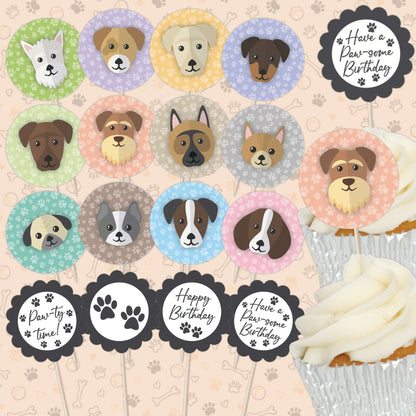 Cute Dogs Birthday Cupcake Toppers Set - 24pc - Cute Dog Faces & Paw-some Birthday Signs | Cupcake & Cake Decorations