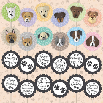 Cute Dogs Birthday Cupcake Toppers Set - 24pc - Cute Dog Faces & Paw-some Birthday Signs | Cupcake & Cake Decorations