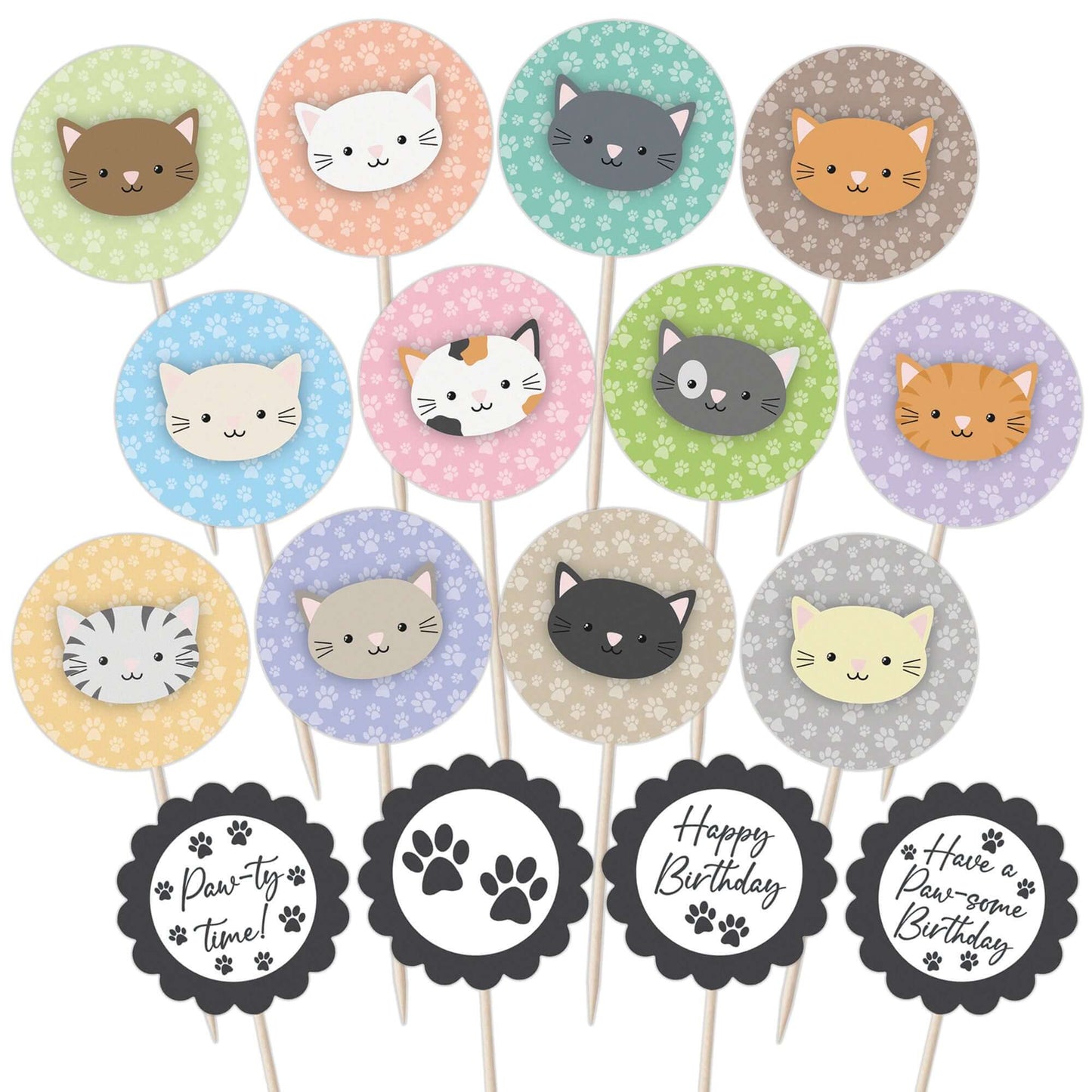 Cute Cats Birthday Cupcake Toppers Set - 24pc - Cute Cat Faces & Paw-some Birthday Signs | Cupcake & Cake Decorations