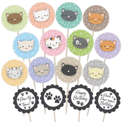 Cute Cats Birthday Cupcake Toppers Set - 24pc - Cute Cat Faces & Paw-some Birthday Signs | Cupcake & Cake Decorations