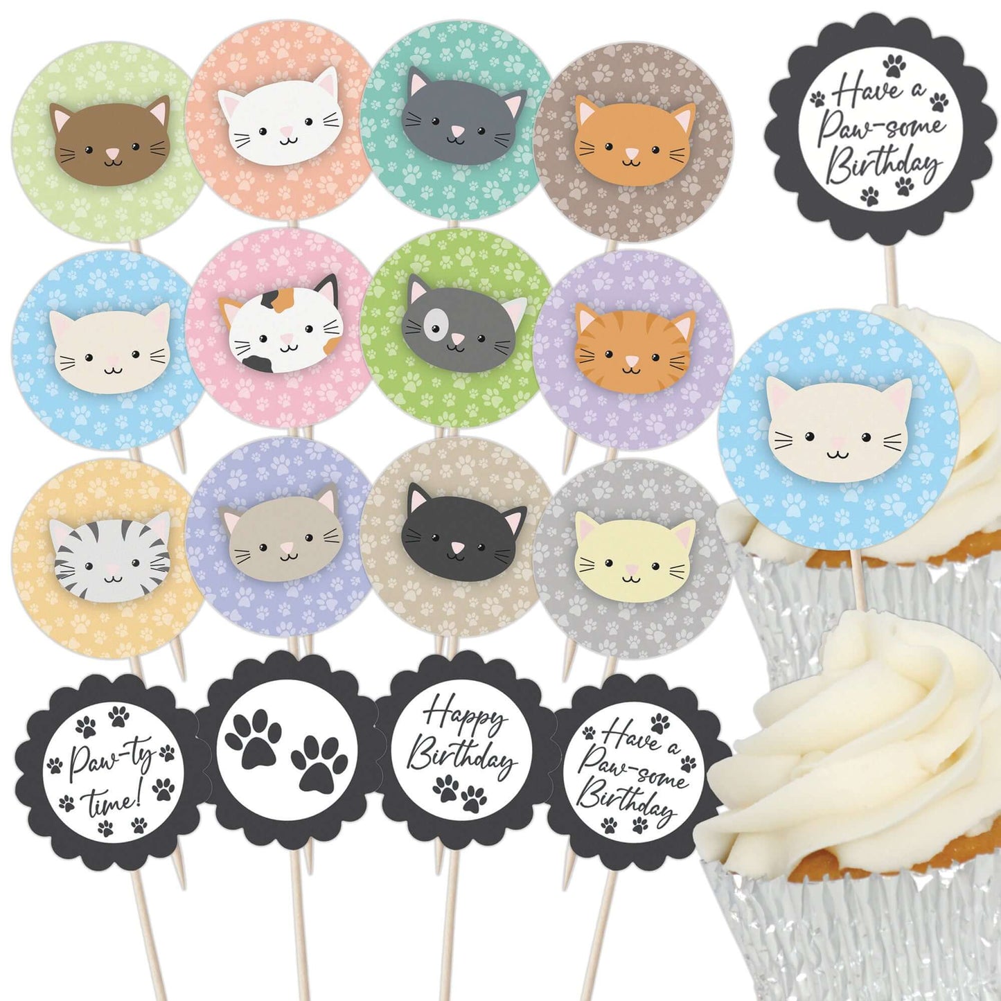 Cute Cats Birthday Cupcake Toppers Set - 24pc - Cute Cat Faces & Paw-some Birthday Signs | Cupcake & Cake Decorations