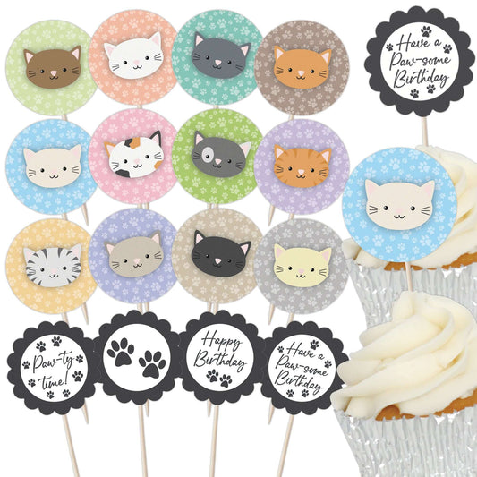 Cute Cats Birthday Cupcake Toppers Set - 24pc - Cute Cat Faces & Paw-some Birthday Signs | Cupcake & Cake Decorations