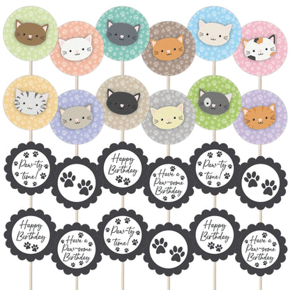 Cute Cats Birthday Cupcake Toppers Set - 24pc - Cute Cat Faces & Paw-some Birthday Signs | Cupcake & Cake Decorations