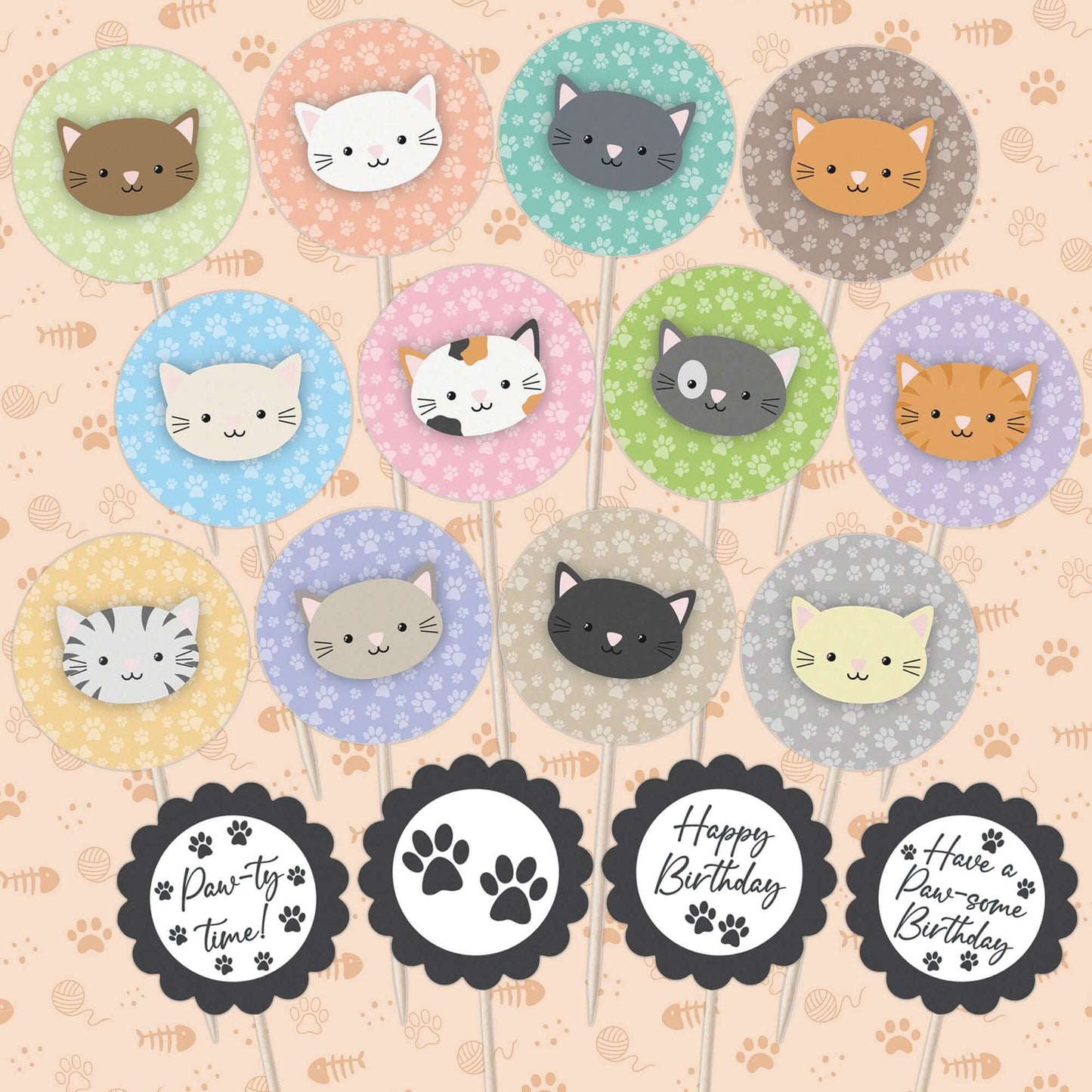 Cute Cats Birthday Cupcake Toppers Set - 24pc - Cute Cat Faces & Paw-some Birthday Signs | Cupcake & Cake Decorations