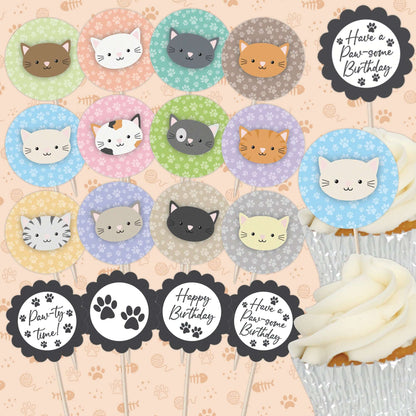 Cute Cats Birthday Cupcake Toppers Set - 24pc - Cute Cat Faces & Paw-some Birthday Signs | Cupcake & Cake Decorations