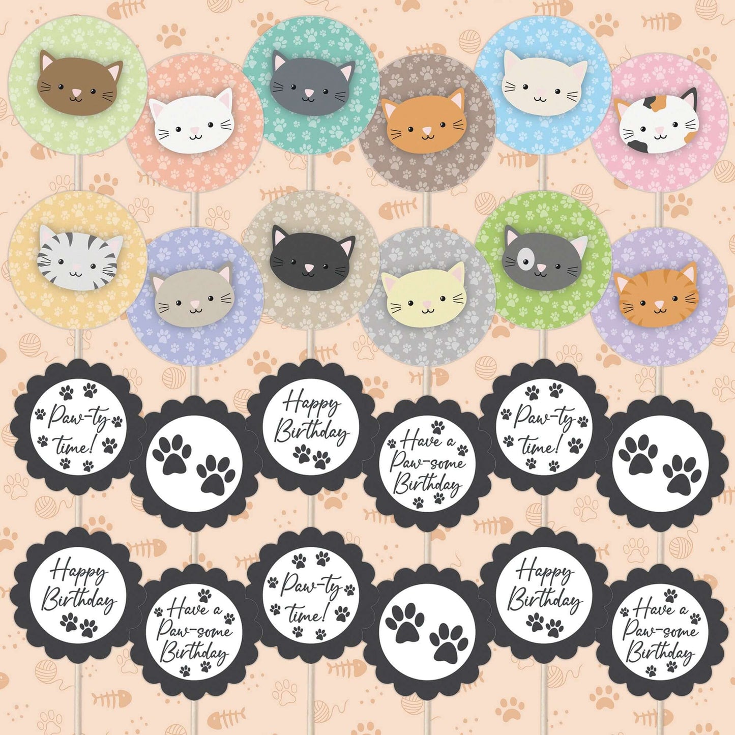 Cute Cats Birthday Cupcake Toppers Set - 24pc - Cute Cat Faces & Paw-some Birthday Signs | Cupcake & Cake Decorations