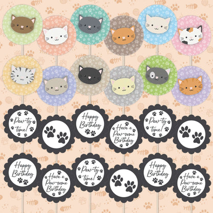 Cute Cats Birthday Cupcake Toppers Set - 24pc - Cute Cat Faces & Paw-some Birthday Signs | Cupcake & Cake Decorations