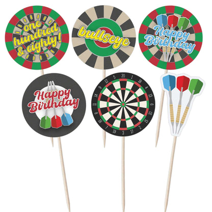 Darts and dartboard themed birthday cupcake toppers set of 5 with slogans and designs for cake decoration.