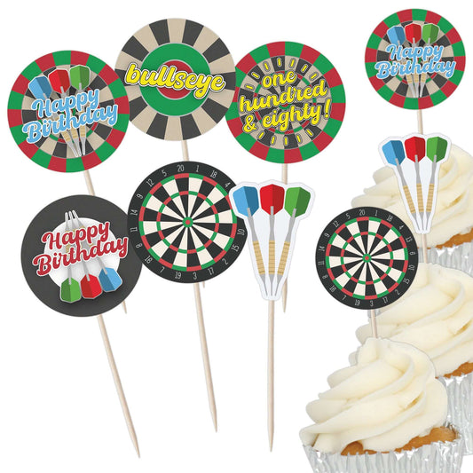 Darts and dartboard cupcake toppers set with birthday slogans for cake decorations.