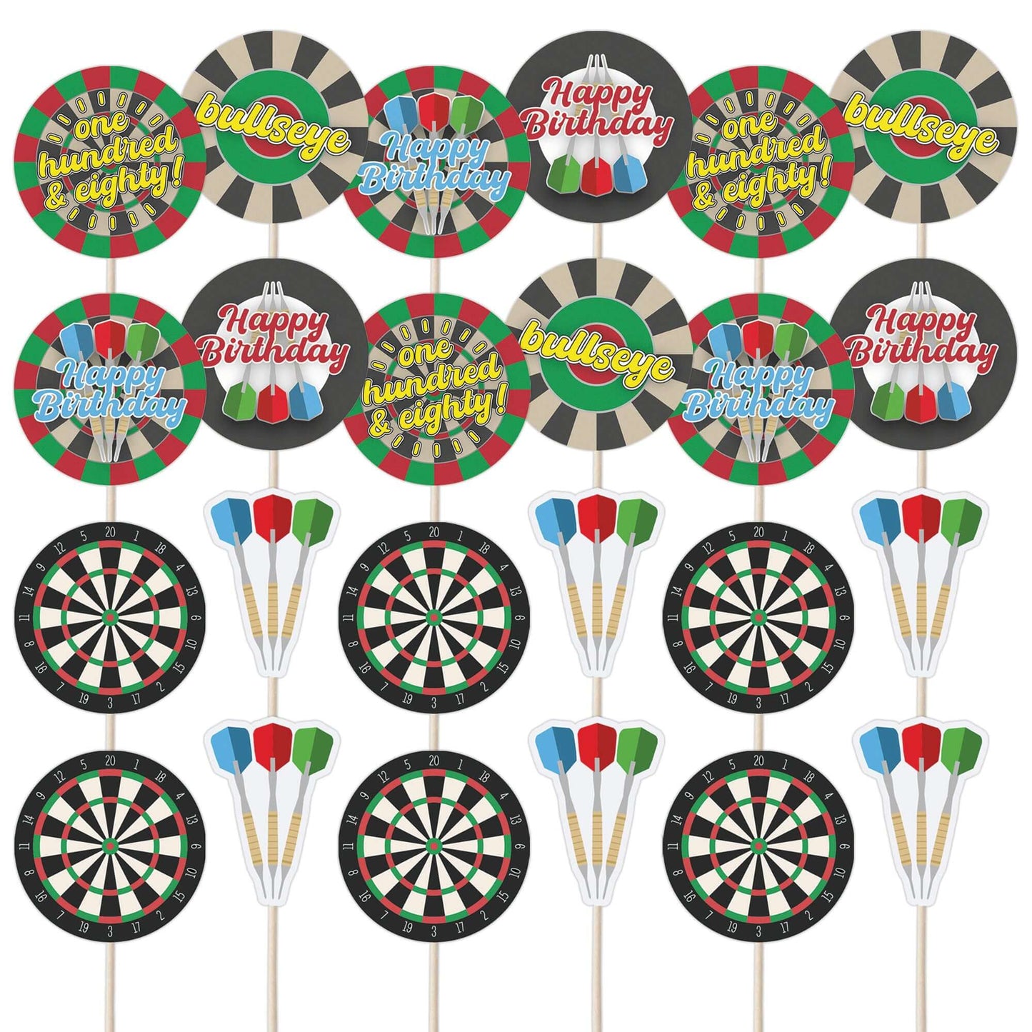 Darts and dartboard birthday cupcake toppers set with fun slogans and colorful designs for cake decoration.