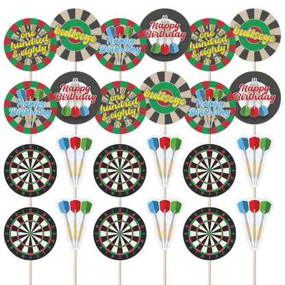 Darts and dartboard birthday cupcake toppers set with fun slogans and colorful designs for cake decoration.