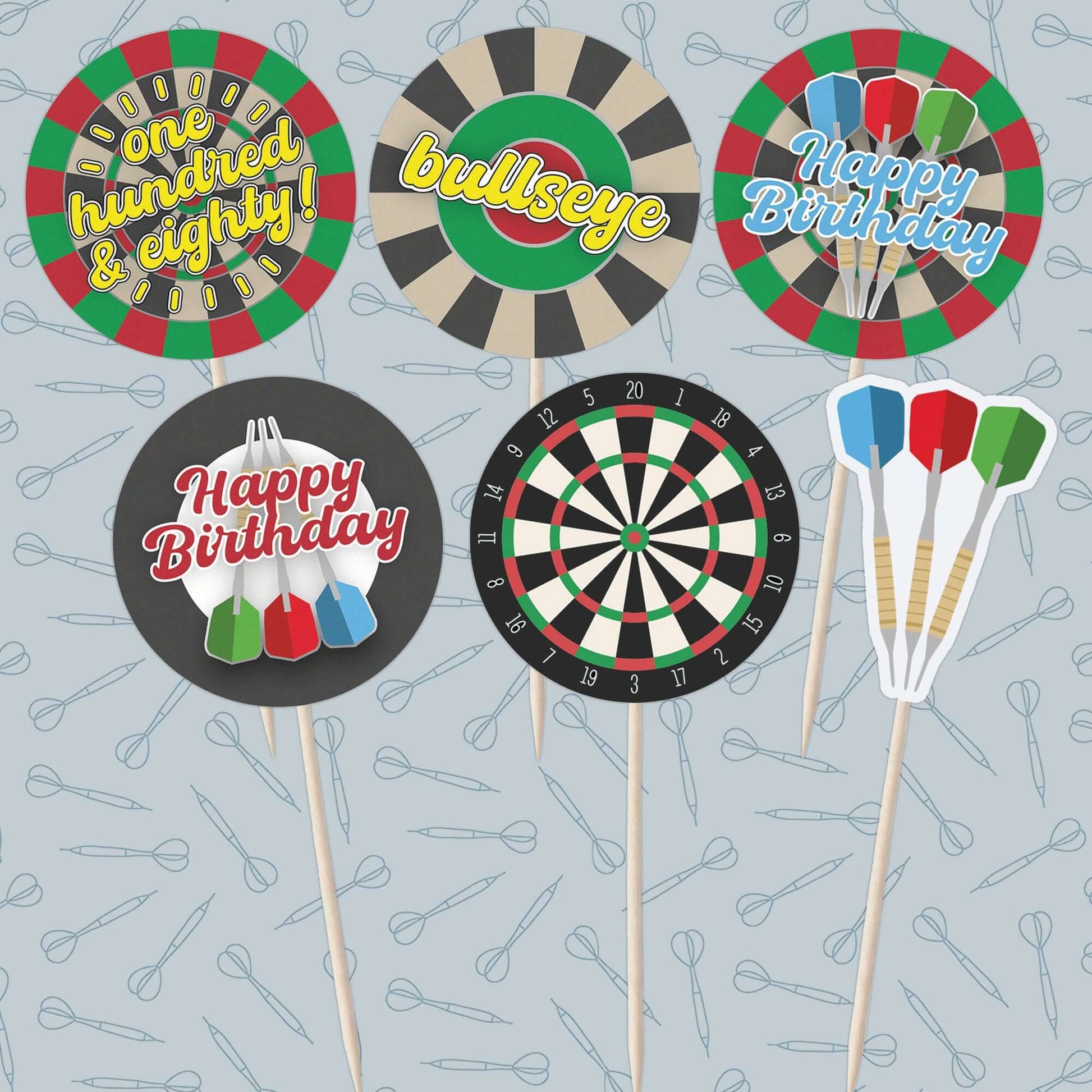 Darts and dartboard themed cupcake toppers set including birthday slogans and images, perfect for party decorations.