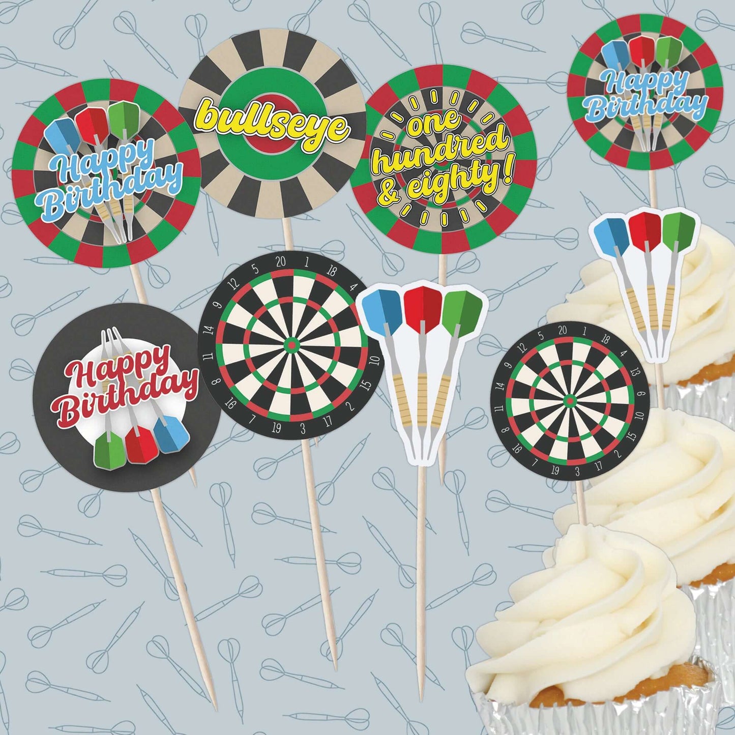Darts and dartboard cupcake toppers set featuring Happy Birthday and Bullseye designs for festive celebrations.