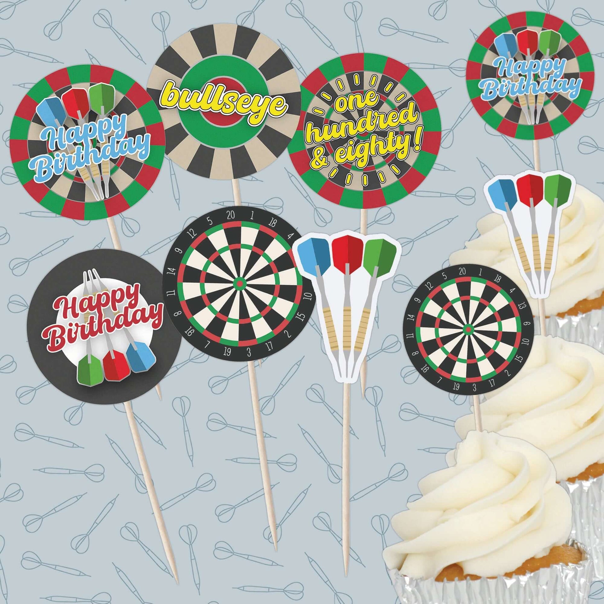 Darts and dartboard cupcake toppers set featuring Happy Birthday and Bullseye designs for festive celebrations.