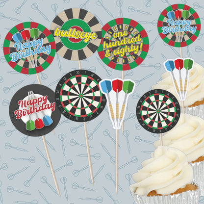 Darts and dartboard cupcake toppers set featuring Happy Birthday and Bullseye designs for festive celebrations.