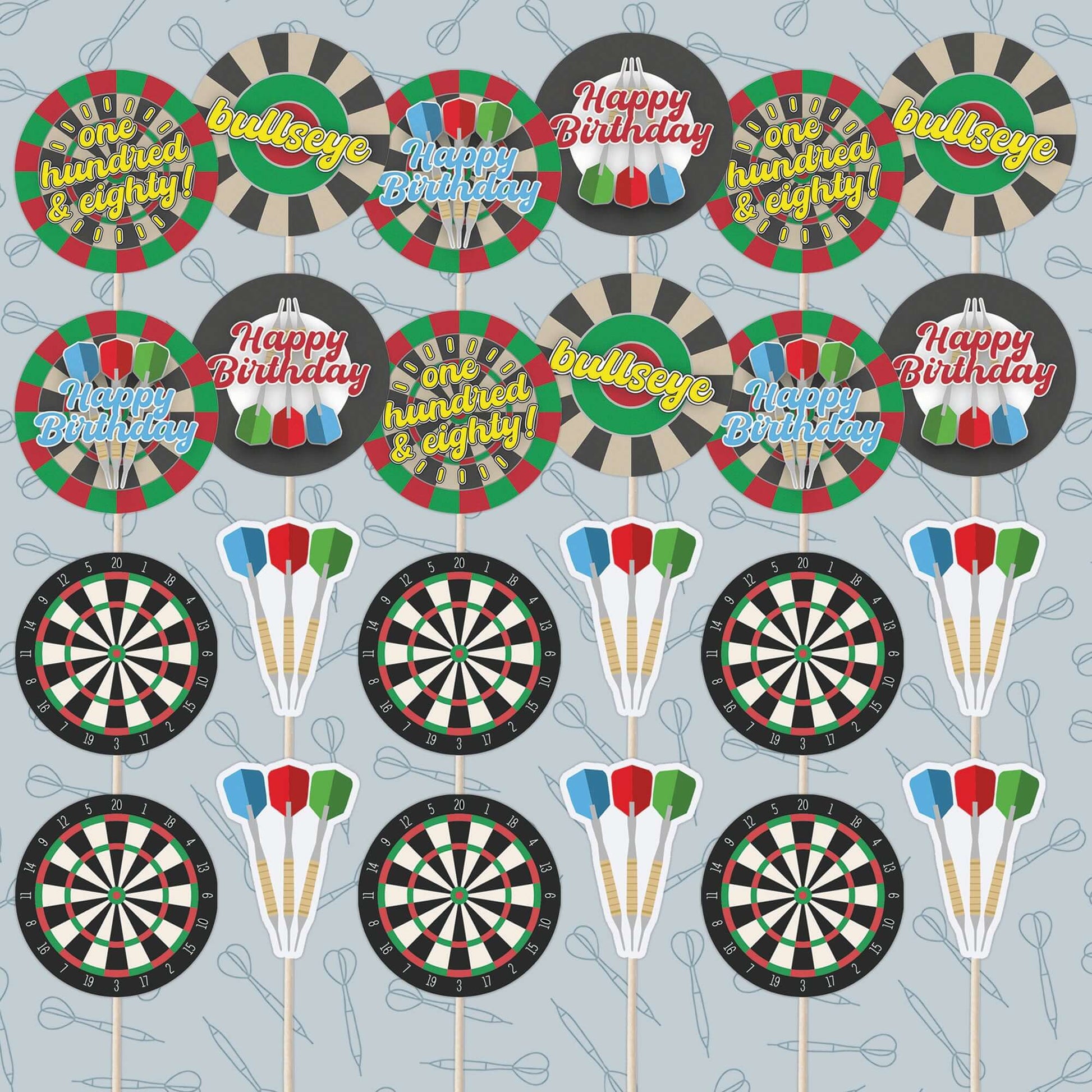Darts and dartboard cupcake toppers set featuring birthday slogans for festive cake decorations.