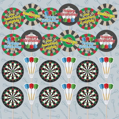 Darts and dartboard cupcake toppers set featuring birthday slogans for festive cake decorations.