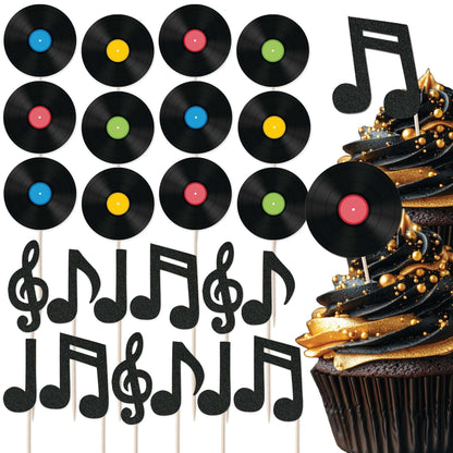 Set of vinyl record and glitter music notes cupcake toppers ideal for music-themed birthday celebrations.