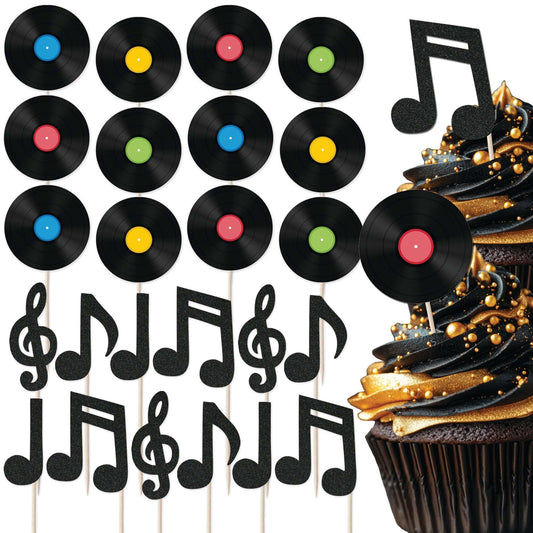 Set of vinyl record and glitter music notes cupcake toppers ideal for music-themed birthday celebrations.