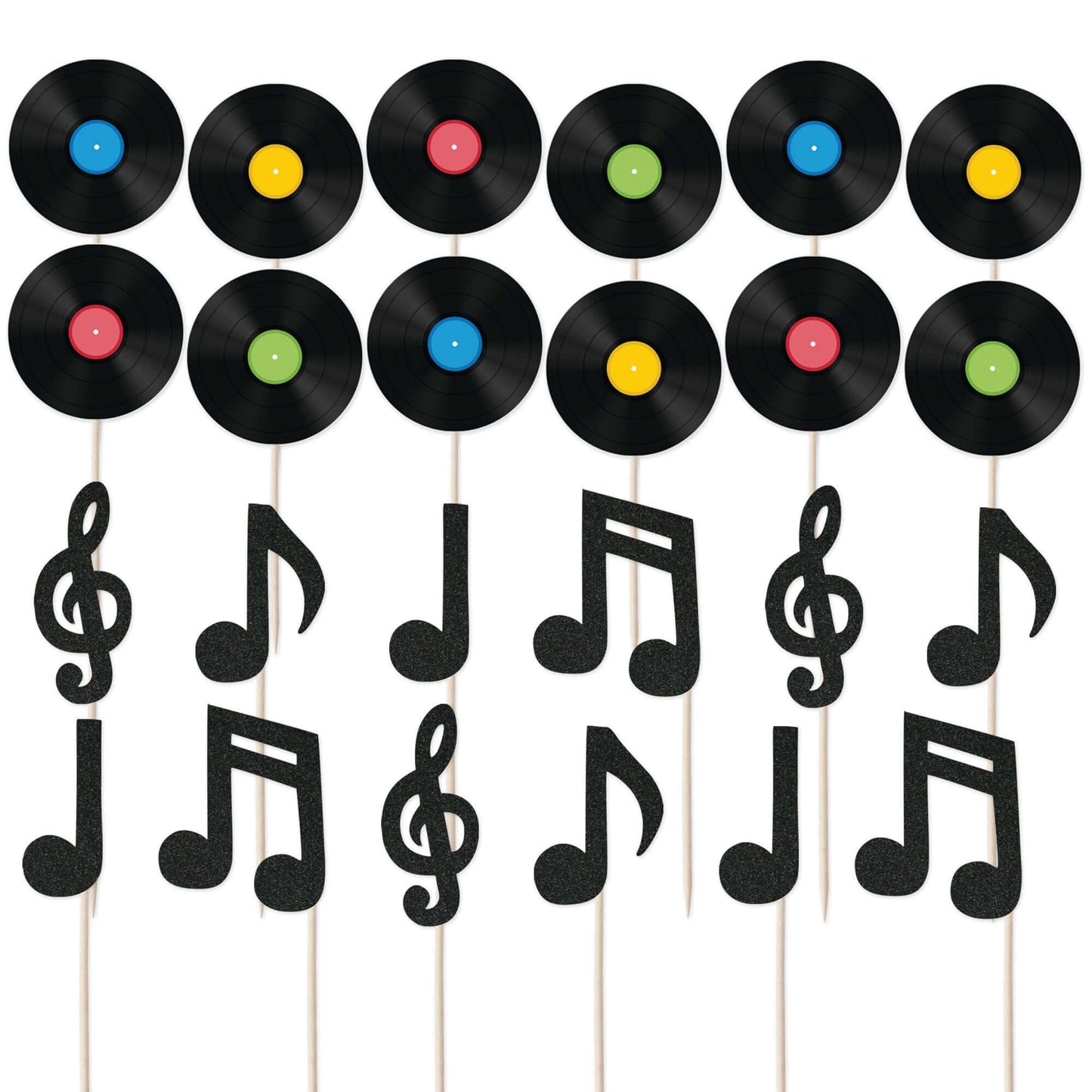 24pc Vinyl record and black glitter music notes cupcake toppers for musical birthday celebrations.