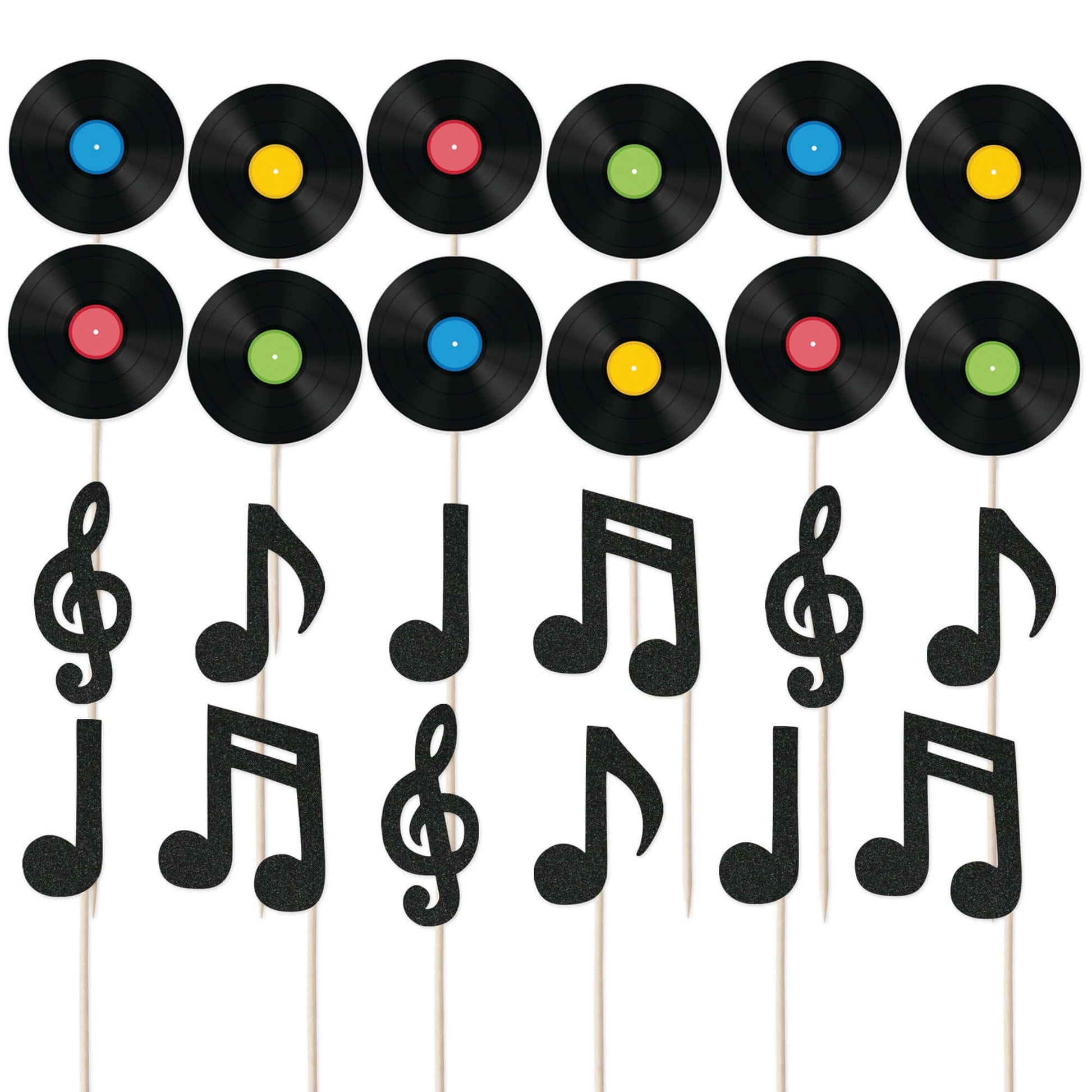 24pc Vinyl record and black glitter music notes cupcake toppers for musical birthday celebrations.