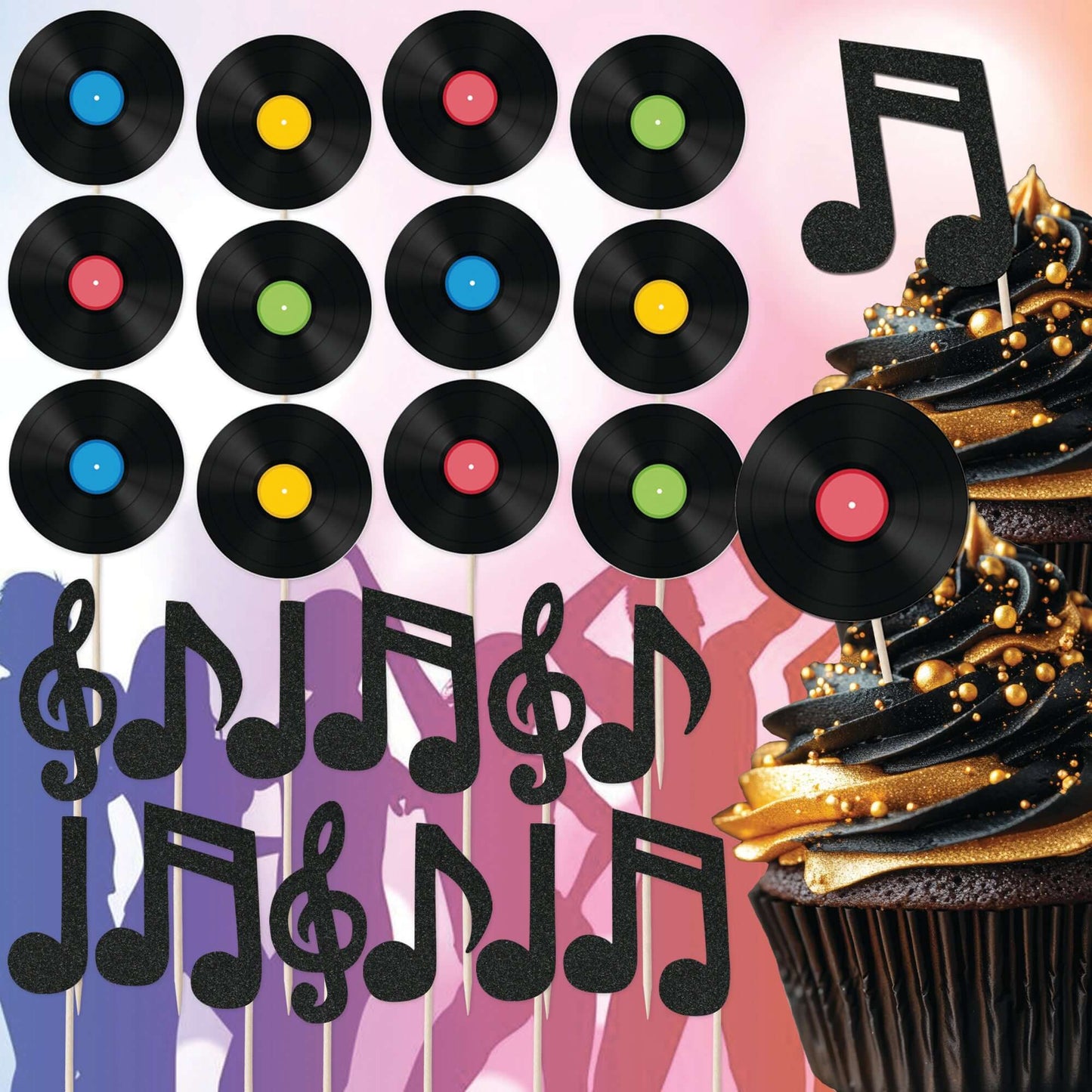 24pc vinyl records and glitter music notes cupcake toppers set, perfect for music-themed birthday celebrations.