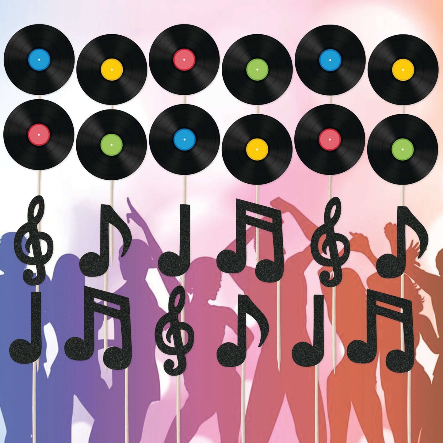 Vinyl record and glitter music notes cupcake toppers set, perfect for music-themed birthday celebrations.