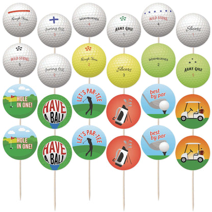 Golf cupcake toppers set featuring 12 golf balls and 12 themed scenes, perfect for golf-themed birthday celebrations.