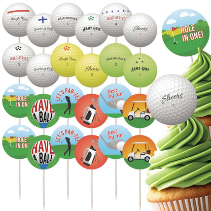 Colorful golf cupcake toppers set featuring golf balls and fun messages, perfect for golf-themed celebrations.