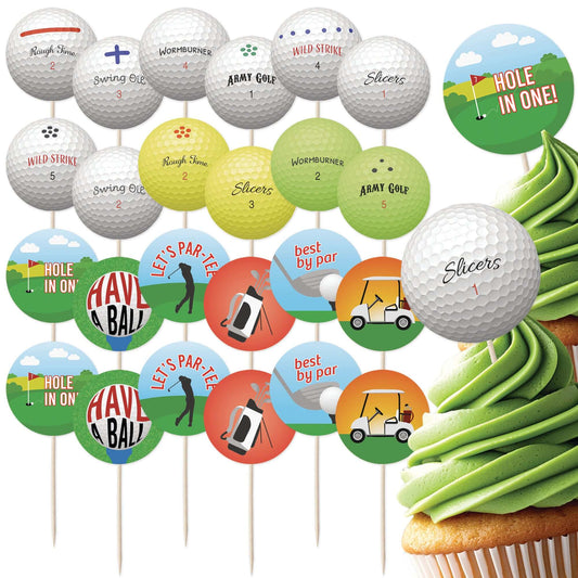 Colorful golf cupcake toppers set featuring golf balls and fun messages, perfect for golf-themed celebrations.