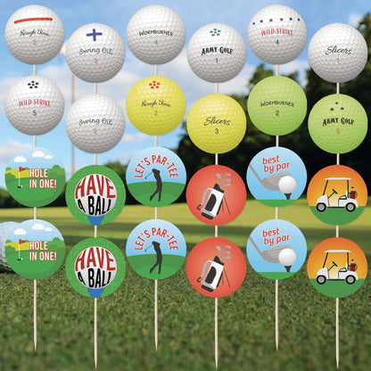 Golf Cupcake Toppers Set with golf balls and fun golf-themed messages, perfect for birthday celebrations.