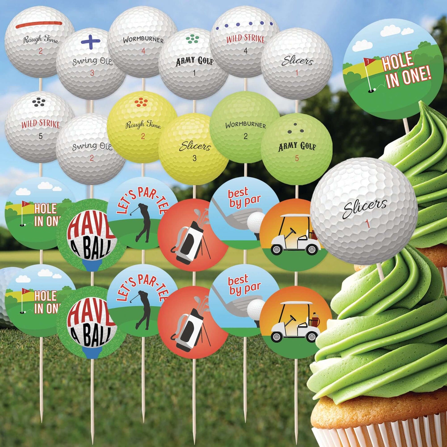 Golf cupcake toppers set featuring 12 golf balls and 12 themed messages, ideal for golf-themed celebrations.