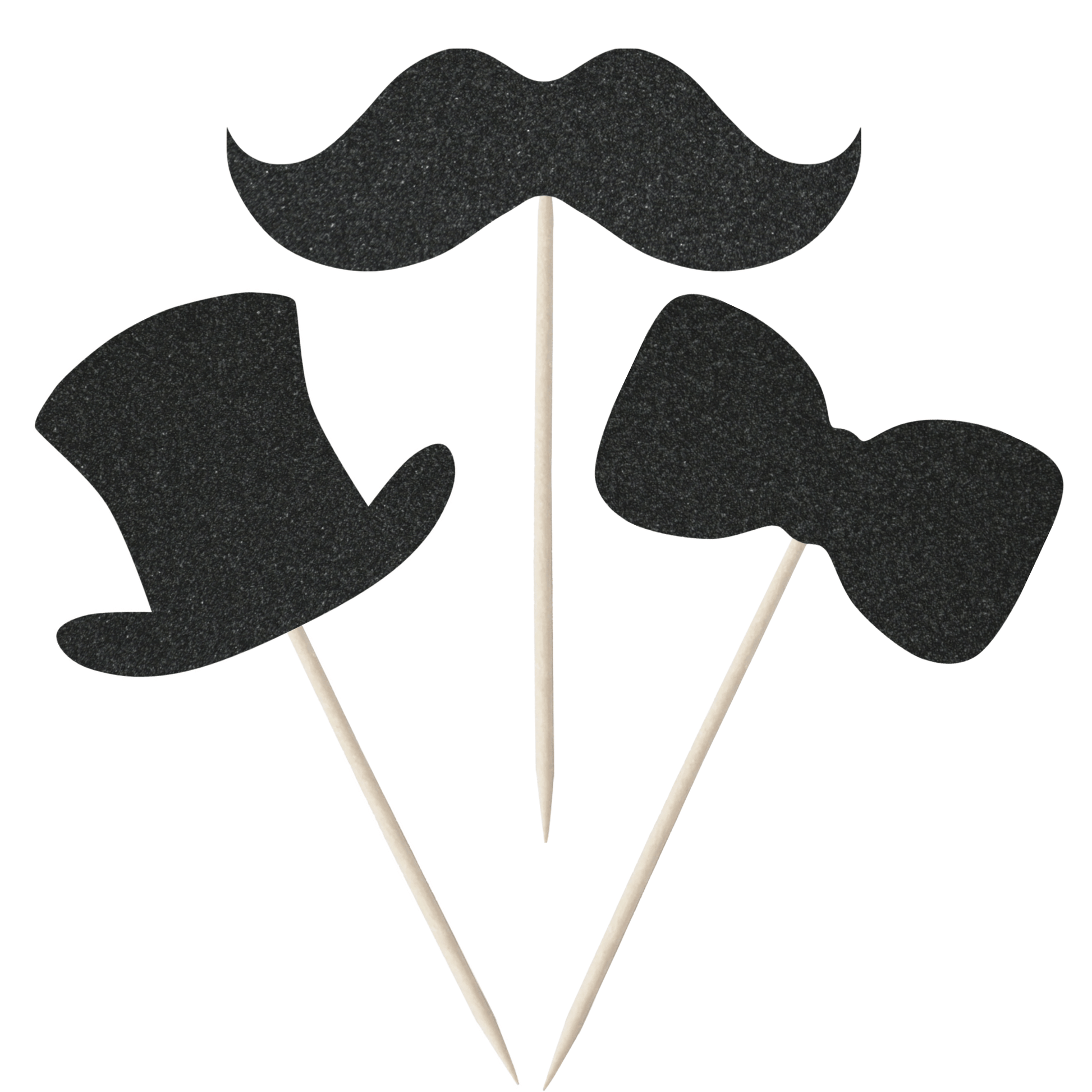 Gentleman themed glitter cupcake toppers set featuring moustache, top hat, and bow tie decorations.