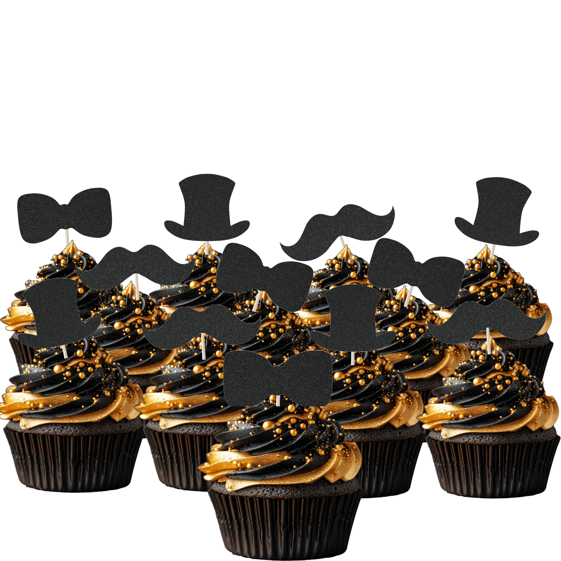 Elegant gentleman-themed cupcake toppers featuring top hats, moustaches, and bow ties on gourmet cupcakes.