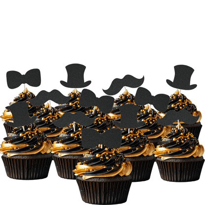 Elegant gentleman-themed cupcake toppers featuring top hats, moustaches, and bow ties on gourmet cupcakes.