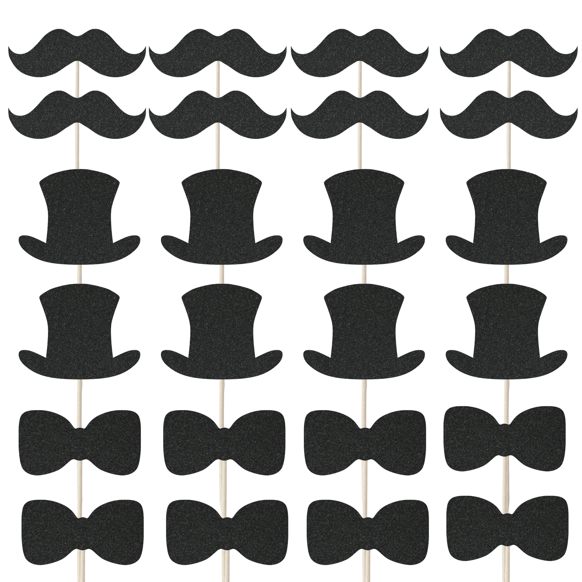 Gentleman themed cupcake toppers set featuring glitter top hats, moustaches, and bow ties for party desserts.