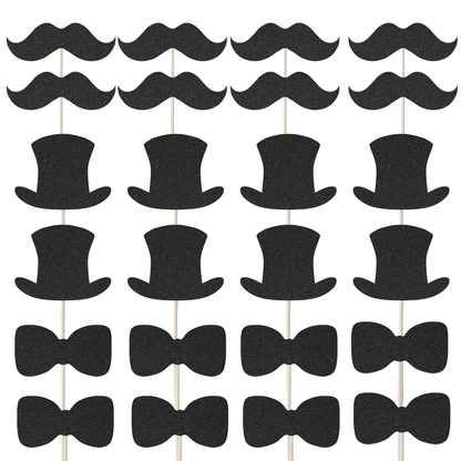 Gentleman themed cupcake toppers set featuring glitter top hats, moustaches, and bow ties for party desserts.