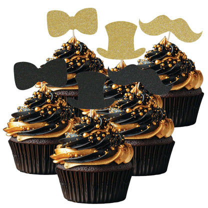 Gentleman themed glitter cupcake toppers set on chocolate cupcakes, featuring top hats, bow ties, and moustaches.