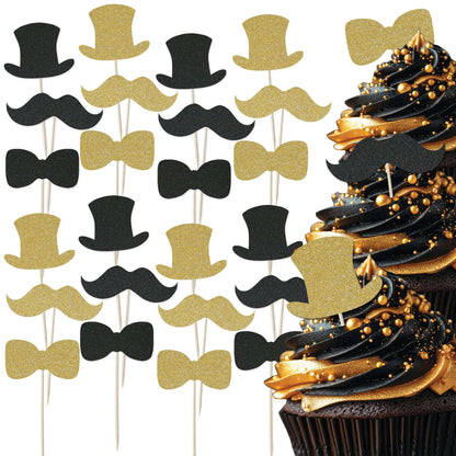 Gentleman themed glitter cupcake toppers set with top hats, mustaches, and bow ties on decorated cupcakes.