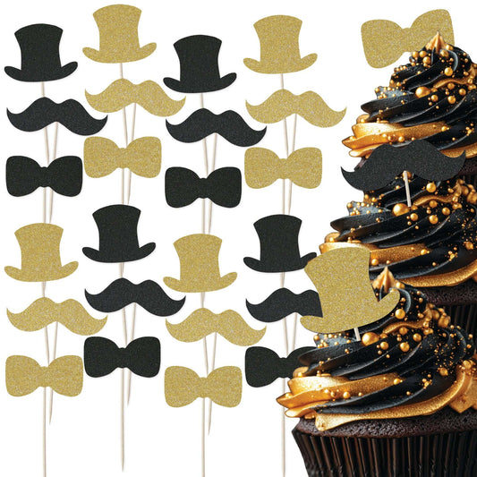 Gentleman themed glitter cupcake toppers set with top hats, mustaches, and bow ties on decorated cupcakes.