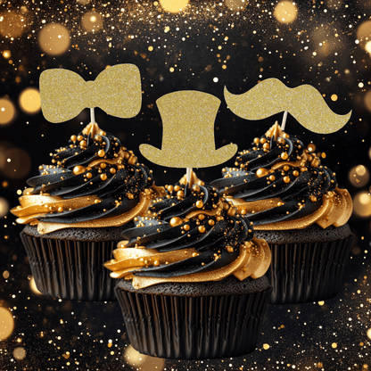 Gentleman themed glitter cupcake toppers on black and gold frosted cupcakes, perfect for celebrations.