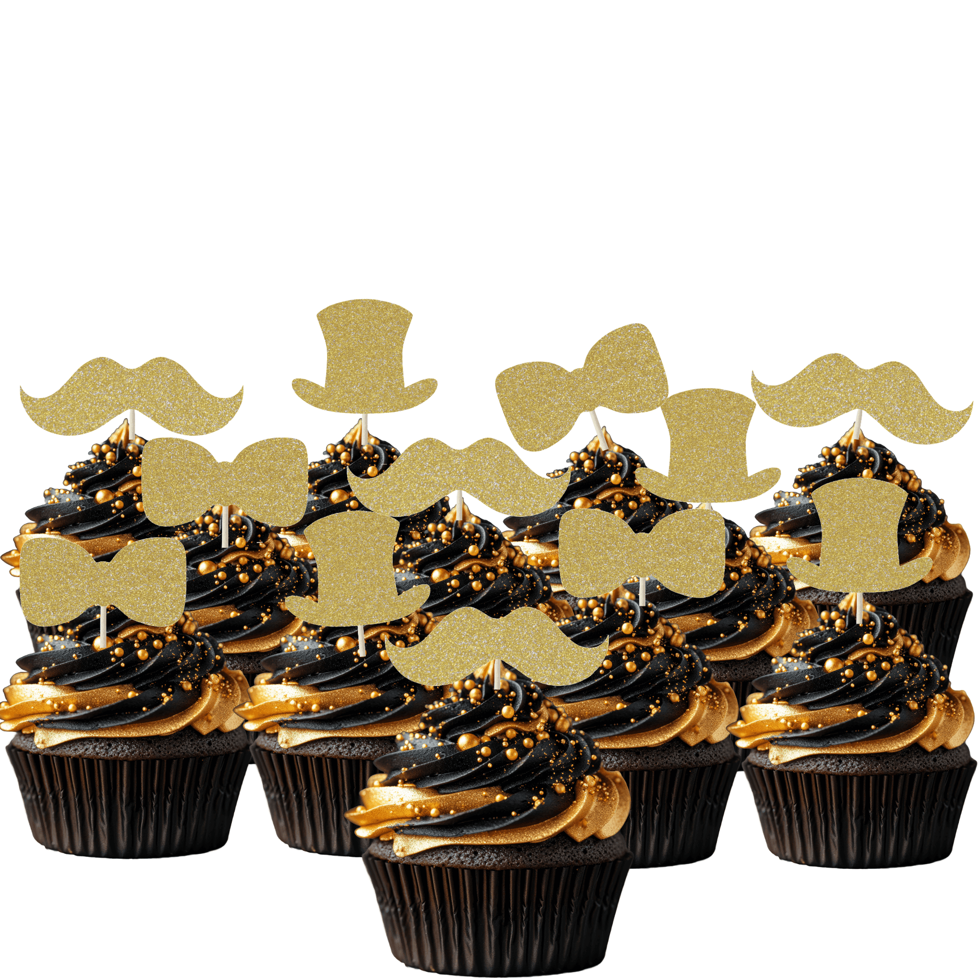 Gentleman themed glitter cupcake toppers set with top hats, moustaches, and bow ties on black and gold cupcakes.