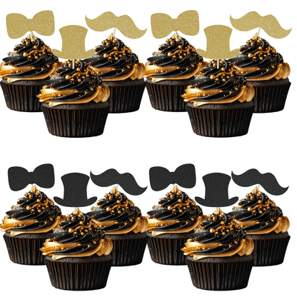 Gentleman themed glitter cupcake toppers on stylish black and gold cupcakes, ideal for parties and celebrations.