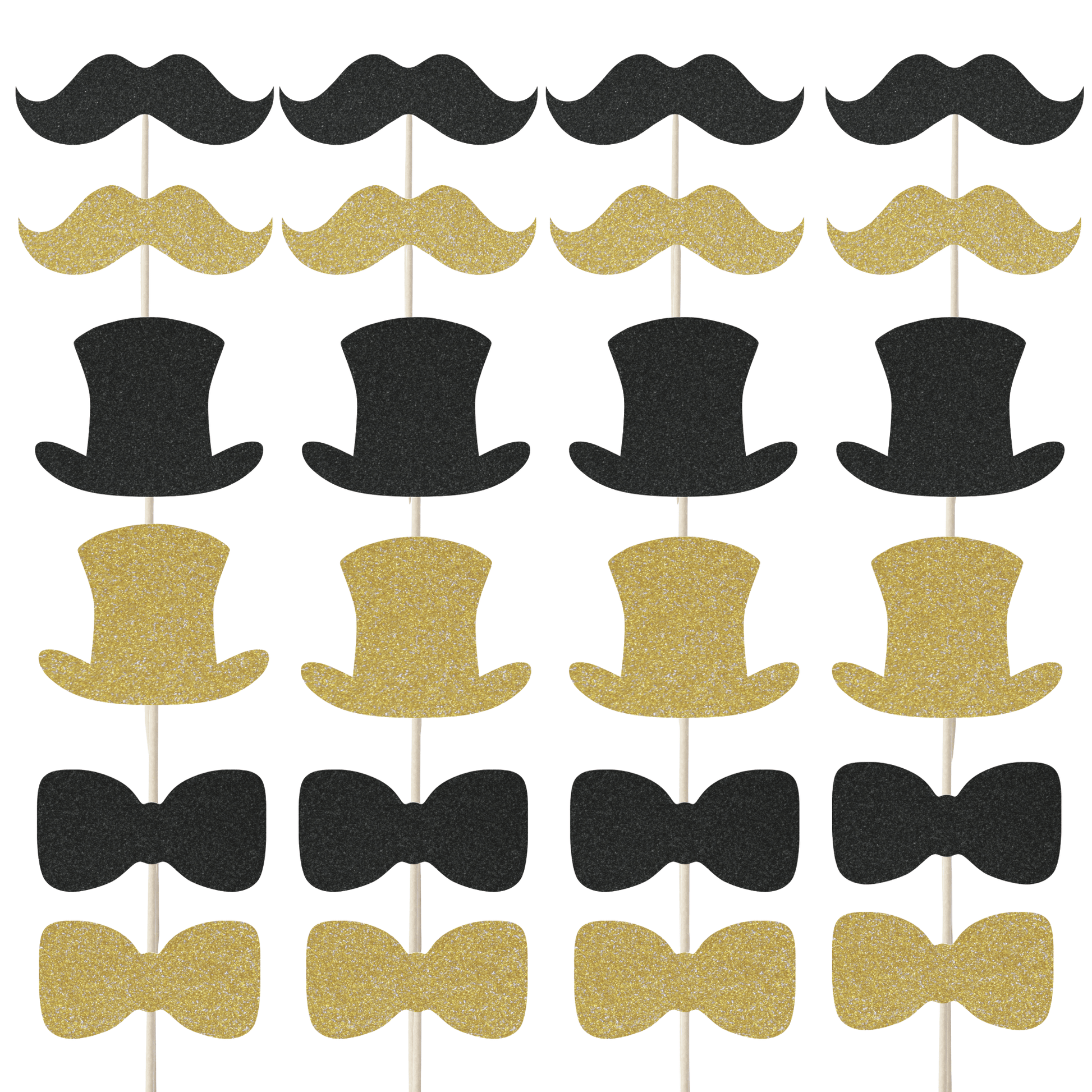 Gentleman themed glitter cupcake toppers set featuring black moustaches, top hats, and bow ties, perfect for celebrations.