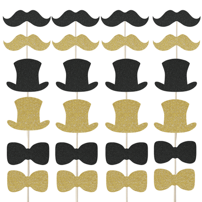 Gentleman themed glitter cupcake toppers set featuring black moustaches, top hats, and bow ties, perfect for celebrations.