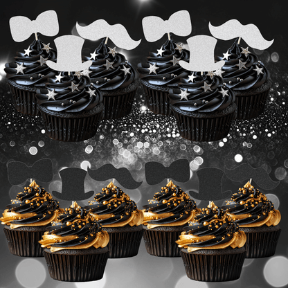 Elegant black cupcakes with glitter gentleman-themed toppers: top hats, moustaches, and bow ties for celebrations.